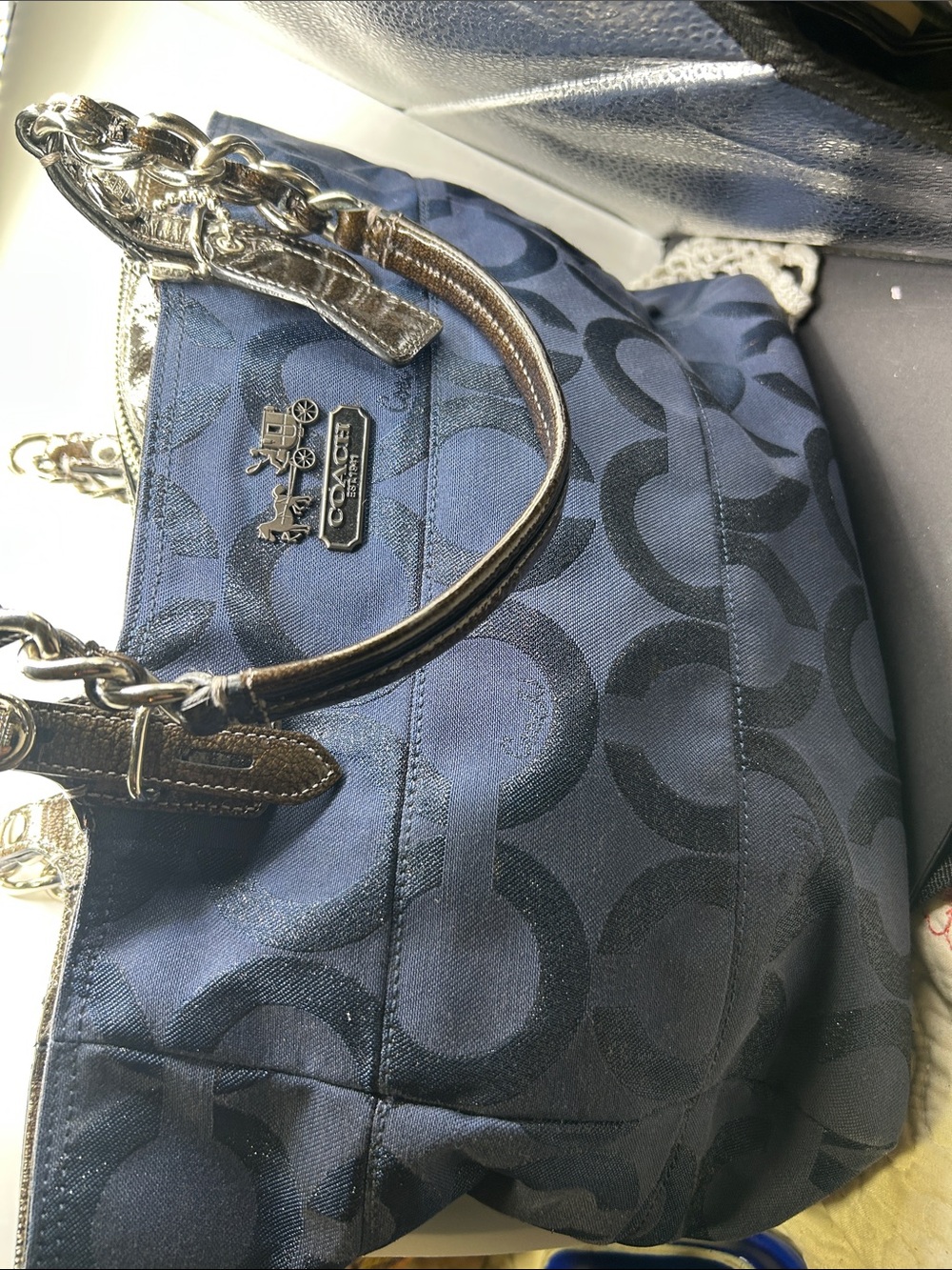 Coach Navy Signature Jacquard Shoulder Bag with Silver Hardware